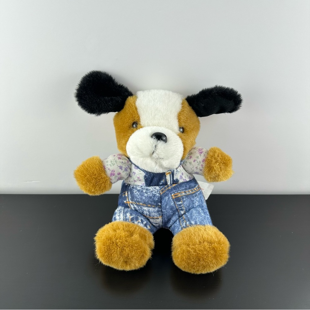 Vintage Best Made Toys Dog Jean Overalls Floral Shirt Plush Stuffed Animal 9”